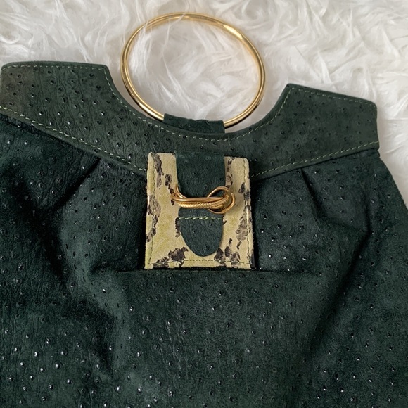 Vegan leather purse dark green w/goldtone “bracelet” ring handle; ostrich, snake - Picture 14 of 14